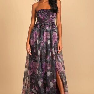 Purple Floral Strapless Bustier Organza Maxi Dress